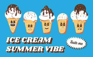 Ice Cream Character, Retro Mascot Character. Summer vibe, text, menu. Illustration in vintage style with halftone. vector