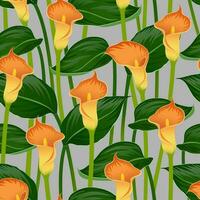 GREY VECTOR SEAMLESS BACKGROUND WITH BLOOMING ORANGE CALLA LILIES