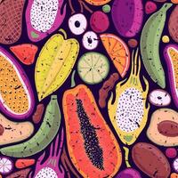 DARK LILAC VECTOR SEAMLESS RETRO BACKGROUND WITH BRIGHT MULTICOLORED TROPICAL FRUITS IN POP ART STYLE