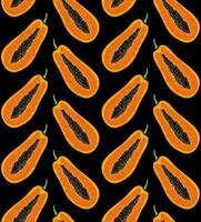 BLACK VECTOR SEAMLESS BACKGROUND WITH BRIGHT ORANGE PAPAYA SLICES IN POP ART STYLE