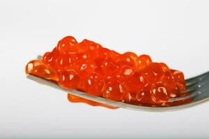 Red caviar on a metal fork. photo