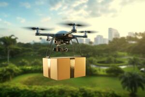 Futuristic Drone Delivery Revolutionizing Business Air Transportation with Unmanned Aircraft Robots, package flying through the air off a drone photo
