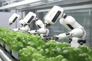 Robots Lettuce Plants in Lab Futuristic Robotic Farmers Transforming Agriculture with Advanced Technology Farm Automation photo