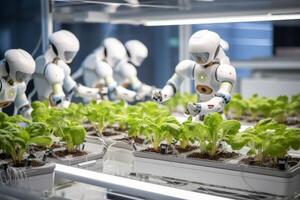Robots Lettuce Plants in Lab Futuristic Robotic Farmers Transforming Agriculture with Advanced Technology Farm Automation photo