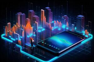 Innovative Smartphone Application with Business Graphs and Analytics on Isometric Mobile Phone photo