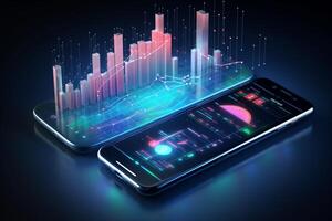 Innovative Smartphone Application with Business Graphs and Analytics on Isometric Mobile Phone photo