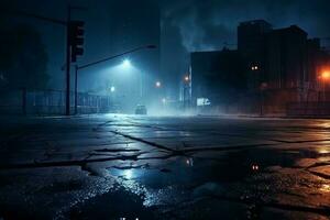 oscuro urbano noche resumen ligero reflexiones en mojado asfalto, neón luces, reflector, y fumar en un vacío calle ai generado foto