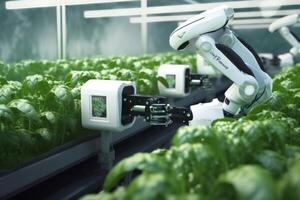 Robots Lettuce Plants in Lab Futuristic Robotic Farmers Transforming Agriculture with Advanced Technology Farm Automation  AI Generated photo