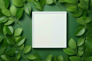Natural Elegance Green Leaves and White Square Frame Creative Layout for Advertising Card or Invitation AI Generated photo