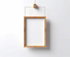 Blank Wooden Picture Frame Mockup Hanging on Wall Empty Poster Mockup for Art Display. Front View with Copy Space photo