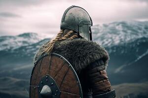 Viking warrior, burning village in background, photo