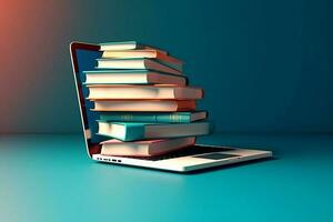 Laptop, books, tech, knowledge, blue background, AI Generated photo