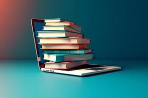 Laptop, books, tech, knowledge, blue background, AI Generated photo