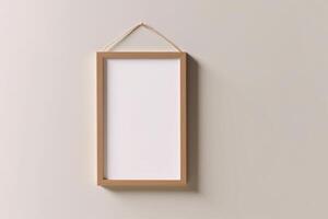 Blank Wooden Picture Frame Mockup Hanging on Wall Empty Poster Mockup for Art Display. Front View with Copy Space photo