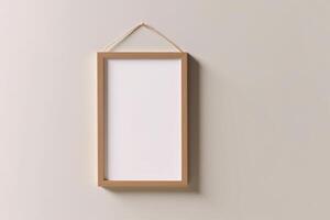 Blank Wooden Picture Frame Mockup Hanging on Wall Empty Poster Mockup for Art Display. Front View with Copy Space AI Generated photo