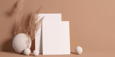 Mockup Paper Wedding Invitation Boho Minimal Style Greeting Card for Wedding Invitations and Birthday Stationery. Top View Flat Lay Copyspace. photo