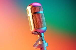 Colorful gradient background with podcast microphone, AI Generated photo