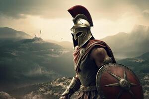 Spartan soldier on battlefield with helmet, AI Generated photo