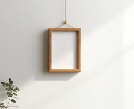 blanco de madera imagen marco Bosquejo colgando en pared vacío póster Bosquejo para Arte mostrar. frente ver con Copiar espacio ai generado foto