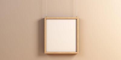 Blank Wooden Picture Frame Mockup Hanging on Wall Empty Poster Mockup for Art Display. Front View with Copy Space photo