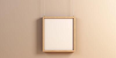 Blank Wooden Picture Frame Mockup Hanging on Wall Empty Poster Mockup for Art Display. Front View with Copy Space AI Generated photo