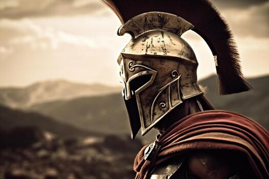 Spartan soldier on battlefield with helmet, photo