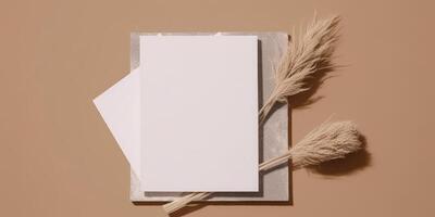 Mockup Paper Wedding Invitation Boho Minimal Style Greeting Card for Wedding Invitations and Birthday Stationery. Top View Flat Lay Copyspace. photo