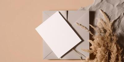 Mockup Paper Wedding Invitation Boho Minimal Style Greeting Card for Wedding Invitations and Birthday Stationery. Top View Flat Lay Copyspace. photo