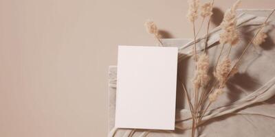 Mockup Paper Wedding Invitation Boho Minimal Style Greeting Card for Wedding Invitations and Birthday Stationery. Top View Flat Lay Copyspace. photo