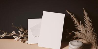 Mockup Paper Wedding Invitation Boho Minimal Style Greeting Card for Wedding Invitations and Birthday Stationery. Top View Flat Lay Copyspace. photo