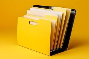 Yellow background with laptop file folder, photo