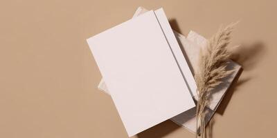 Mockup Paper Wedding Invitation Boho Minimal Style Greeting Card for Wedding Invitations and Birthday Stationery. Top View Flat Lay Copyspace. photo