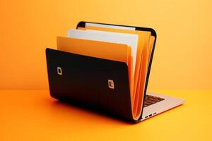 Laptop screen shows orange background with file folder, photo
