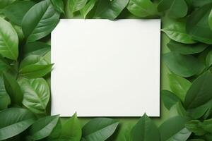 Natural Elegance Green Leaves and White Square Frame Creative Layout for Advertising Card or Invitation AI Generated photo