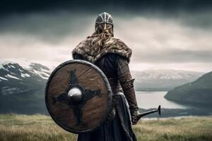 Viking warrior with helmet, mountains in background, AI Generated photo