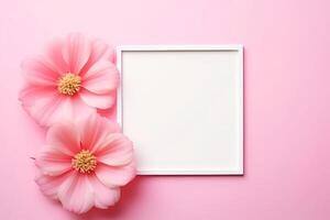 Blooms Pink Flower and White Square Frame Creative Layout for Advertising Card or Invitation AI Generated photo