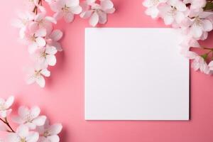 Blooms Pink Flower and White Square Frame Creative Layout for Advertising Card or Invitation AI Generated photo