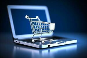 Cart laptop on blue background, online shopping concept, AI Generated photo