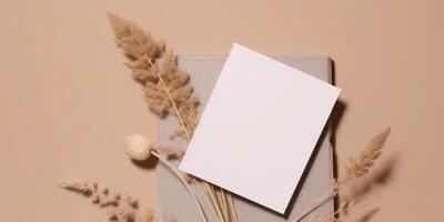 Mockup Paper Wedding Invitation Boho Minimal Style Greeting Card for Wedding Invitations and Birthday Stationery. Top View Flat Lay Copyspace. photo