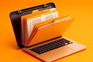 Laptop screen shows orange background with file folder, photo