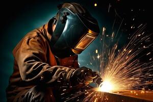 Welder Wearing Welding Gear with Sparks A Skilled Welder in the Industrial Setting with Bokeh and Sparkle Background, photo