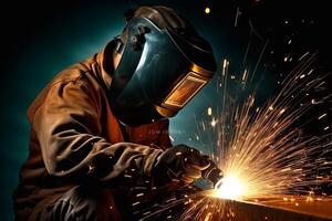 Welder Wearing Welding Gear with Sparks A Skilled Welder in the Industrial Setting with Bokeh and Sparkle Background, AI Generated photo