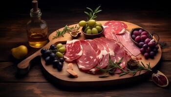 Antipasto Perfection Top View of Charcuterie Board with Prosciutto, Salami, Olives, and Rose Wine Ideal for Menus and Cookbooks photo