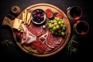 Antipasto Perfection Top View of Charcuterie Board with Prosciutto, Salami, Olives, and Rose Wine Ideal for Menus and Cookbooks photo