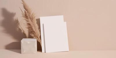 Mockup Paper Wedding Invitation Boho Minimal Style Greeting Card for Wedding Invitations and Birthday Stationery. Top View Flat Lay Copyspace. photo