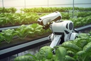 Robots Lettuce Plants in Lab Futuristic Robotic Farmers Transforming Agriculture with Advanced Technology Farm Automation photo