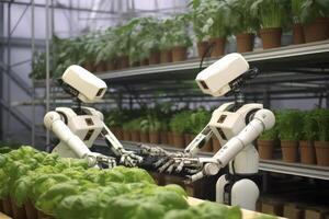 Robots Lettuce Plants in Lab Futuristic Robotic Farmers Transforming Agriculture with Advanced Technology Farm Automation photo
