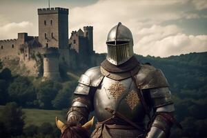 Medieval knight in armor with castle backdrop, AI Generated photo