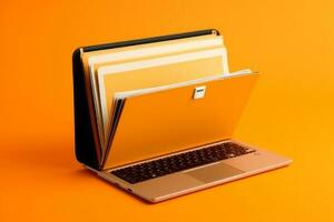 Laptop screen shows orange background with file folder, AI Generated photo
