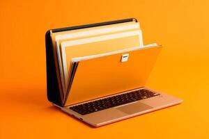 Laptop screen shows orange background with file folder, photo
